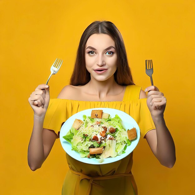 Concetto di mangiare gustoso con insalata Caesar su sfondo giallo