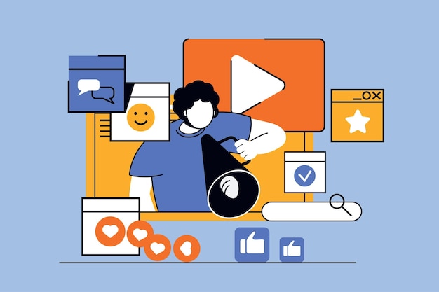 Concetto di marketing digitale con scena di persone in design piatto per il web Uomo che fa promozione e pubblicità online con contenuti video Illustrazione vettoriale per materiale di marketing di banner sui social media