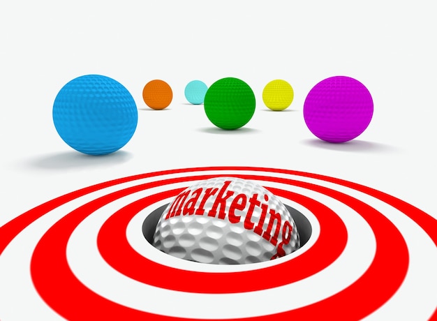 Concetto di marketing. Immagine 3d concettuale del marketing con palline da golf