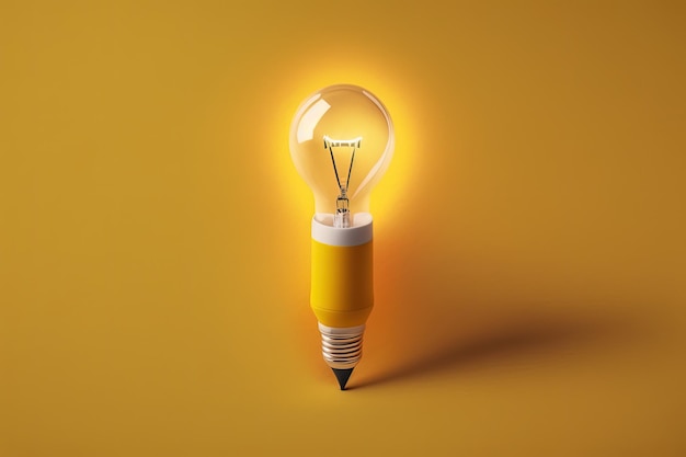 Concetto di matita a forma di lampadina di idea e creatività sfondo giallo AI