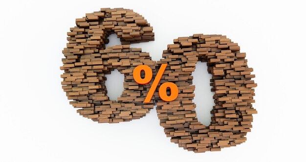 Concetto di mattoni di legno che si accumulano per formare il 60% di sconto, simbolo di promozione, 60% di legno. Rendering 3D