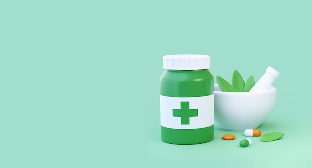 Concetto di medicina a base di erbe illustrazione 3D medicina ayurvedica banner medico farmaceutico
