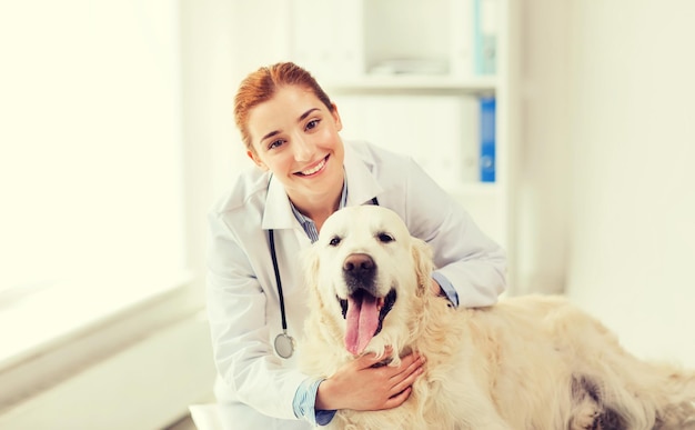 concetto di medicina, animale domestico, animali, assistenza sanitaria e persone - veterinario o medico felice con cane golden retriever presso la clinica veterinaria