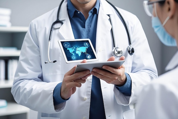 Concetto di medicina e assistenza sanitaria globali Dottore in mano tablet digitale Diagnostica e tecnologia moderna in ospedale