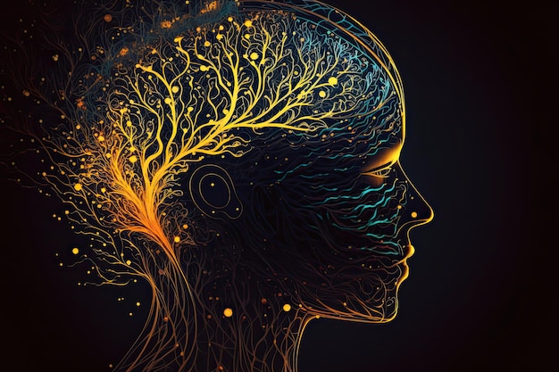 Concetto di meditazione con la silhouette della testa umana che illumina i neuroni esoterici nel cervello generato dall'intelligenza artificiale