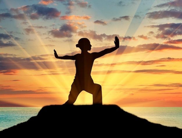 Concetto di meditazione e rilassamento. Siluetta di una ragazza che pratica lezione di yoga su uno sfondo di tramonto sul mare