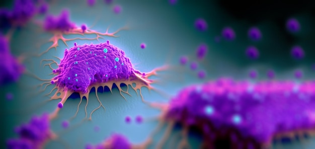 Concetto di microambiente tumorale con cellule tumorali, cellule T, nanoparticelle, cancro associato