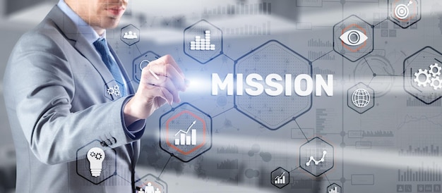 Concetto di missione Concetto di grafico del successo finanziario su schermo virtuale Sfondo aziendale