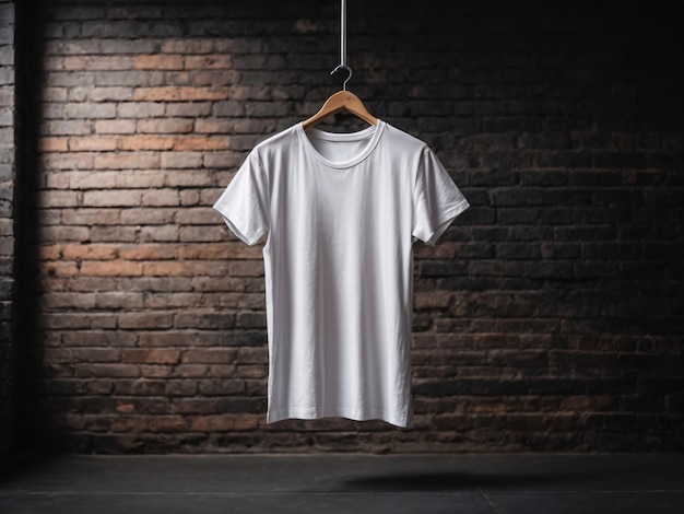 Concetto di mockup di magliette bianche con spazio per copiare abiti semplici su sfondo scuro della parete