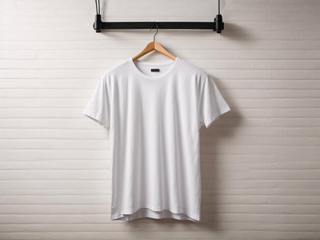 Concetto di mockup di magliette bianche con spazio per la copia di abiti semplici su sfondo bianco della parete