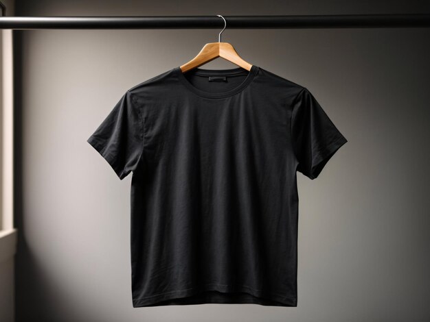 Concetto di mockup di magliette nere con spazio di copia per abiti semplici su sfondo bianco della parete