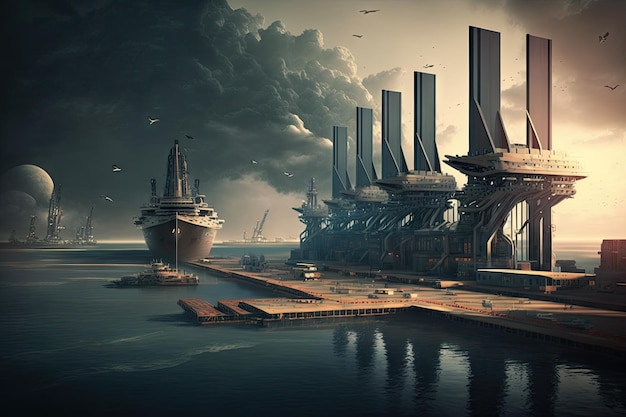 Concetto di moderno porto marittimo del futuro con navi lunghe in piedi al molo creato con generativo