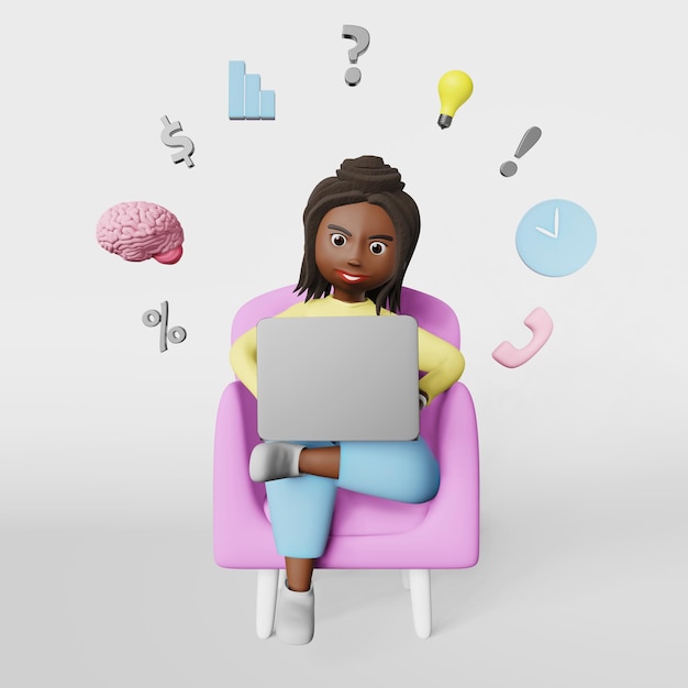 Concetto di multitasking Dipendente afroamericano donna 3d personaggio lavora su laptop conferenza online Abile libero professionista