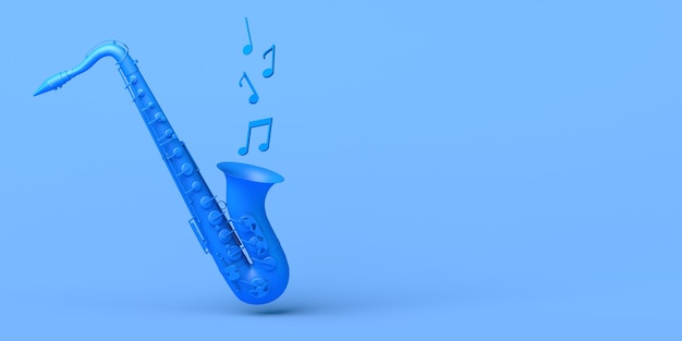 Concetto di musica. Sassofono che suona le note musicali. Copia spazio. illustrazione 3D.