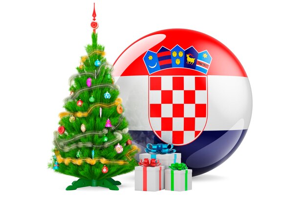 Concetto di Natale e Capodanno in Croazia Albero di Natale e confezioni regalo con bandiera croata rendering 3D