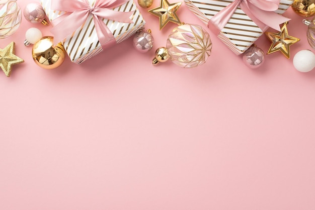 Concetto di Natale Foto vista dall'alto di eleganti scatole regalo con fiocchi di nastro palline bianche trasparenti rosa e ornamenti a stella dorata su sfondo rosa chiaro isolato con spazio vuoto