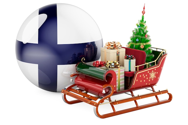 Concetto di Natale in Finlandia Slitta di Babbo Natale piena di doni con il rendering 3D della bandiera finlandese
