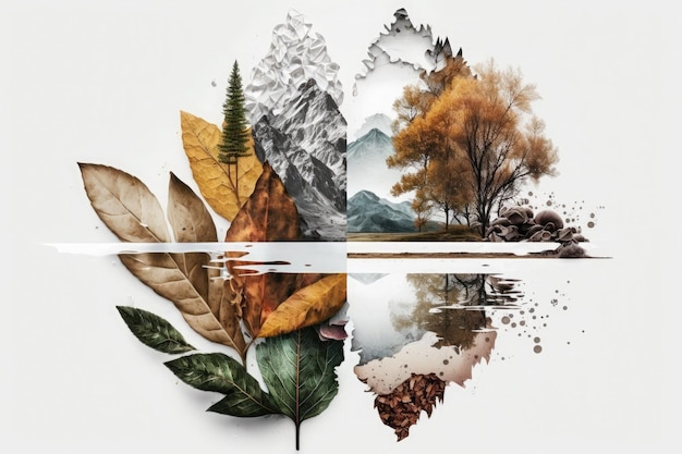 Concetto di natura e ambiente Collage artistico su sfondo bianco IA generativa