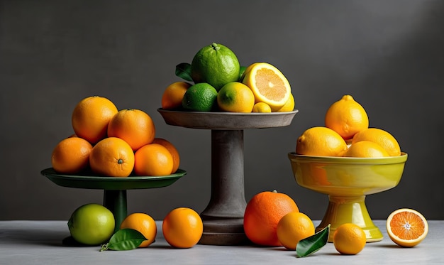 Concetto di natura morta di agrumi con limone lime e arancia su supporti grigi e podi su sfondo bianco IA generativa