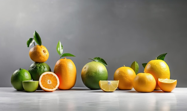 Concetto di natura morta di agrumi con limone lime e arancia su supporti grigi e podi su sfondo bianco IA generativa