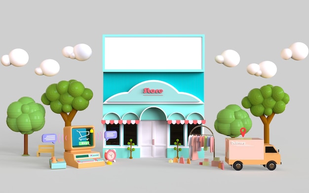 Concetto di negozio di shopping online 3d sulla borsa della spesa e icona di consegna dello sfondo del negozio di costruzione