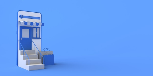 Concetto di negozio online con smartphone. Copia spazio. illustrazione 3D.