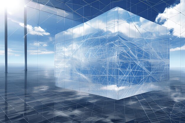 Concetto di nuvola creativa in un cubo di vetro Memorizzazione delle informazioni sulla sala server digitale CloudscapeCreativo è