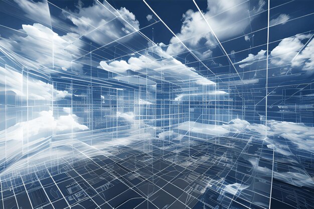 Concetto di nuvola creativa in un cubo di vetro Memorizzazione delle informazioni sulla sala server digitale CloudscapeCreativo è