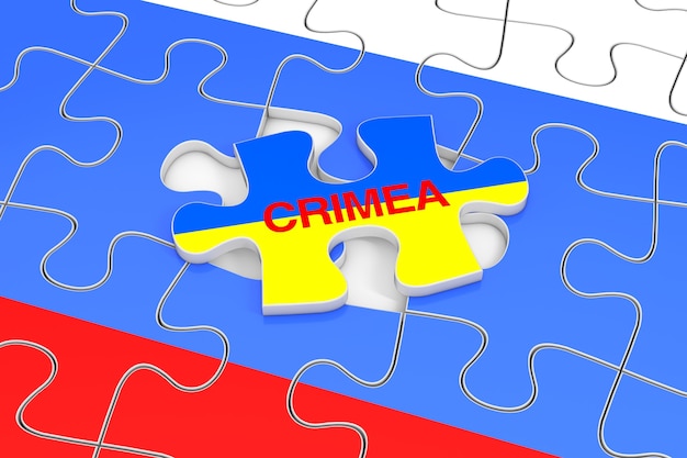 Concetto di occupazione della Crimea. Puzzle della bandiera della Russia con un pezzo di puzzle con la bandiera dell'Ucraina e il segno della Crimea al di fuori del primo piano estremo. Rendering 3D