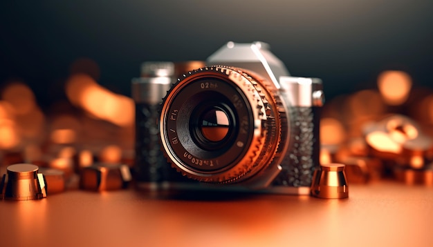 Concetto di oggetti minimi della giornata mondiale della fotografia sulla fotografia Fotocamera con sfondo minimalista