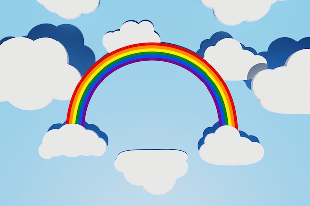 Concetto di orgoglio LGBT. Sfondo astratto con arcobaleno LGBT, nuvola come podio e nuvole piatte bianche di forma diversa con ombre sopra il cielo blu. Disposizione creativa. Copia spazio, rendering 3d