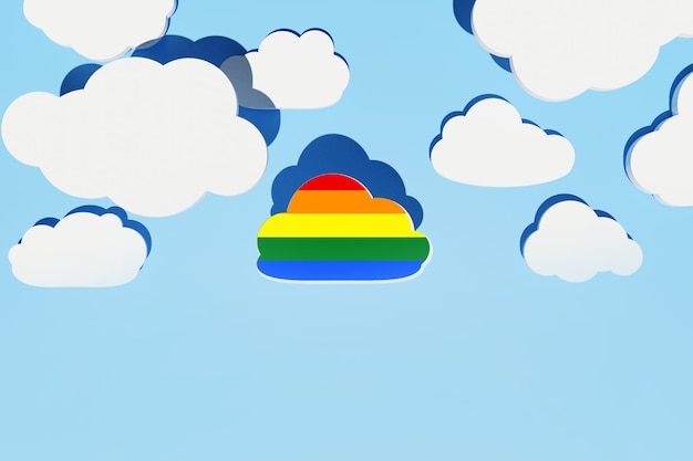 Concetto di orgoglio LGBT. Sfondo astratto con nuvola arcobaleno LGBT e nuvole piatte bianche di forma diversa con ombre sopra il cielo blu. Disposizione creativa. Copia spazio, rendering 3d