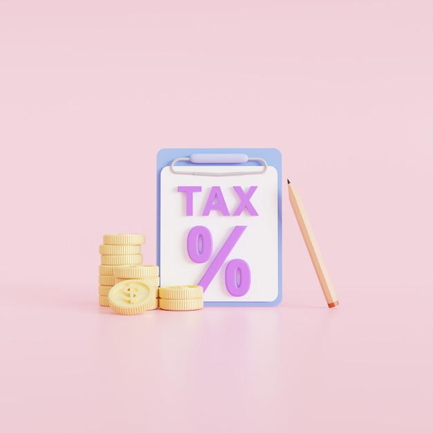 Concetto di pagamento delle tasse. Monete e modulo fiscale su sfondo rosa. Analisi dei dati, scartoffie, rapporto di ricerca finanziaria, illustrazione di rendering 3d
