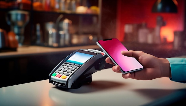 Concetto di pagamento senza contatto Mano con smartphone vicino al terminale di pagamento in bar