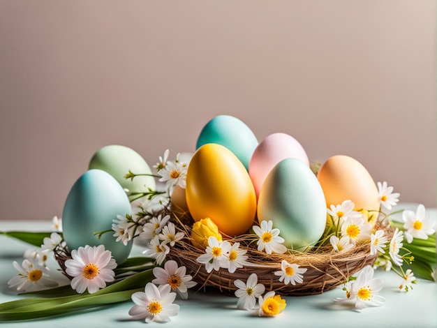 Concetto di Pasqua con uova colorate di colori delicati e fiori in stile minimalista