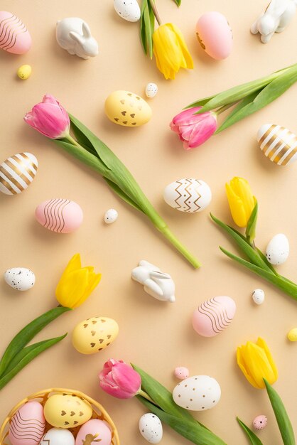Concetto di Pasqua Top view foto verticale di colorate uova di Pasqua in ciotola conigli di Pasqua di ceramica tulipani gialli e rosa su uno sfondo beige chiaro isolato