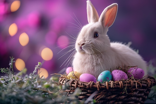 concetto di Pasqua un coniglietto di Pasqua bianco e soffice seduto in un cesto con uova colorate