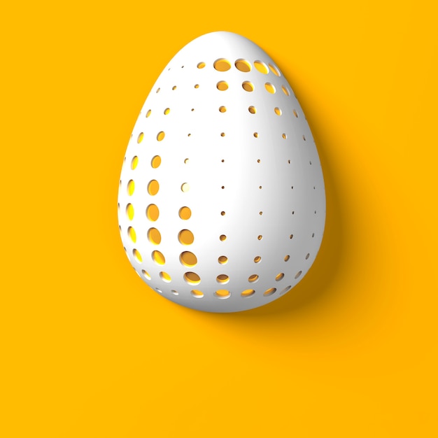 Concetto di Pasqua. Un singolo uovo bianco dorato con motivi geometrici mutevoli originali sulla superficie su uno sfondo giallo arancio. illustrazione 3D