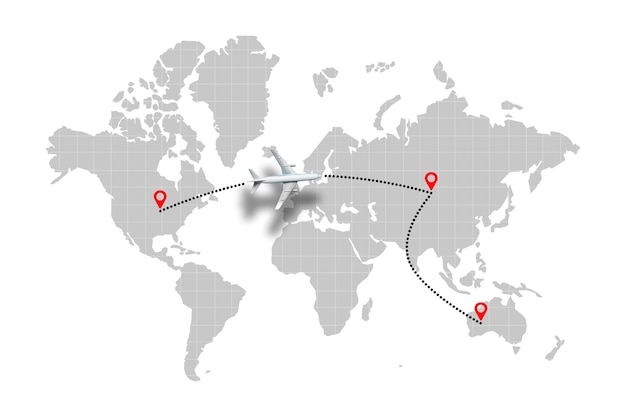 Concetto di percorso di volo dell'aeroplano sulla mappa del mondo con punti.