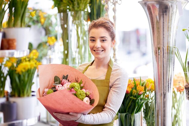 concetto di persone, affari, vendita e floristica - donna fiorista sorridente felice che tiene mazzo di fiori avvolto in carta al negozio di fiori