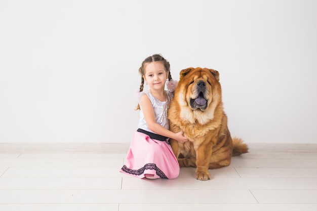 Concetto di persone, animali e bambini - ragazza con cane allo zenzero di chow-chow sul muro bianco.