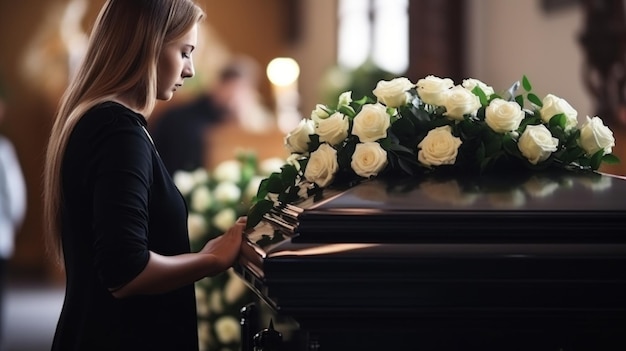 Concetto di persone e lutto Donna con fiori di rosa e bara al funerale in chiesa