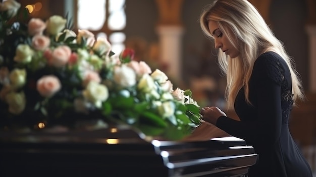 Concetto di persone e lutto Donna con fiori di rosa e bara al funerale in chiesa