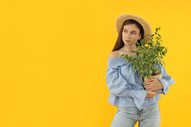 Concetto di persone giovane donna su sfondo giallo