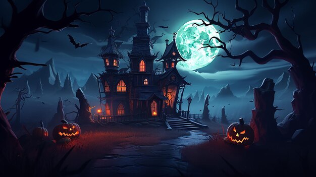 Concetto di pittura artistica di sfondo di Halloween con la zucca in un cimitero spettrale di notte
