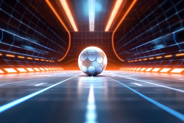 Concetto di poster di palla da futsal al centro di un campo di calcio indoor futuristico o stadio con linee di tubi al neon incandescente sfondo stile 3D Generativo ai