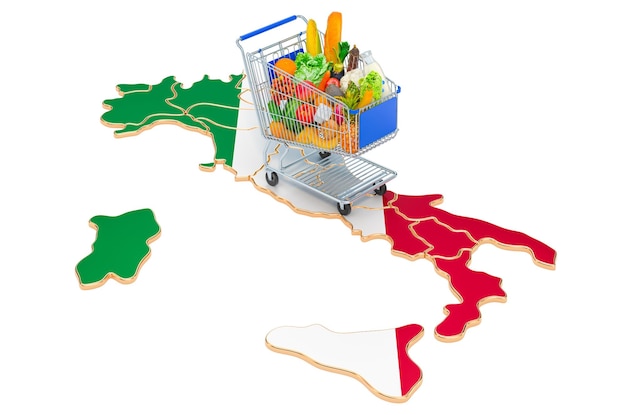 Concetto di potere d'acquisto in Italia Carrello con rendering 3D della mappa italiana