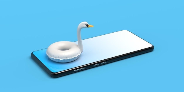 Concetto di prenotazione per le vacanze estive per smartphone online con galleggiante a cigno Copia spazio illustrazione 3D