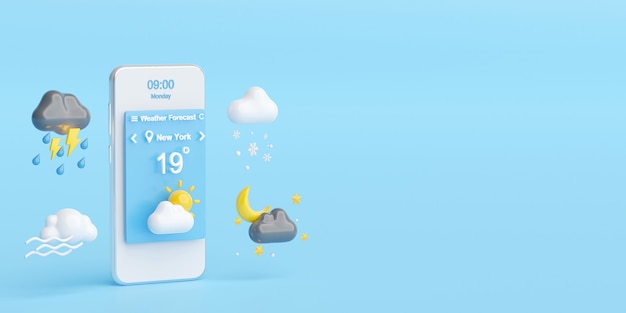 Concetto di previsioni del tempo, smartphone visualizza i simboli del widget dell'applicazione di previsioni del tempo, illustrazione 3d