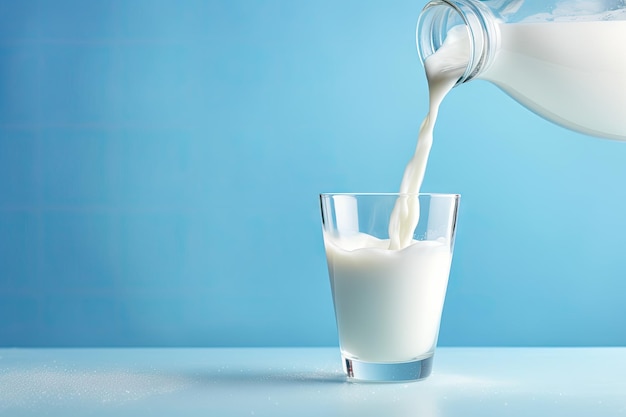 Concetto di prodotti lattiero-caseari su sfondo blu Versamento del latte su tavolo di legno bianco